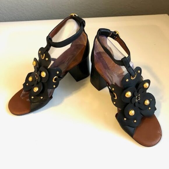 New SEE BY CHLOE Haya Black Leather Floral Stud Block-Heel Sandal SZ 7 MSRP $335 - Picture 2 of 8